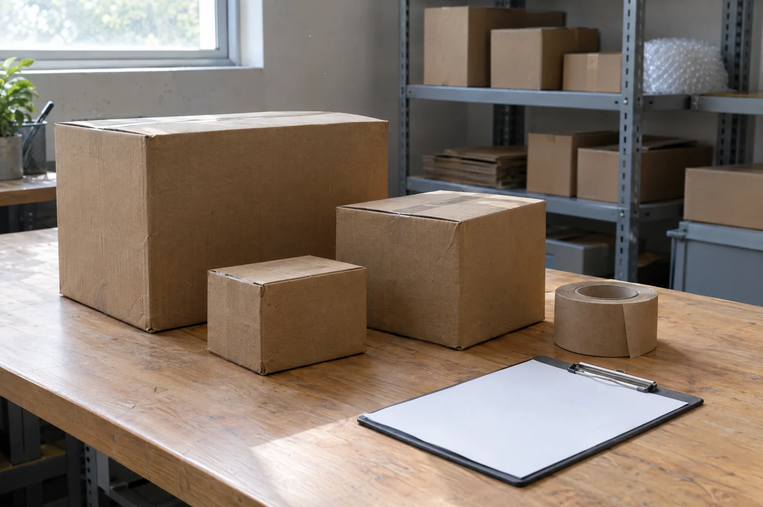 Packing table with plain cardboard boxes