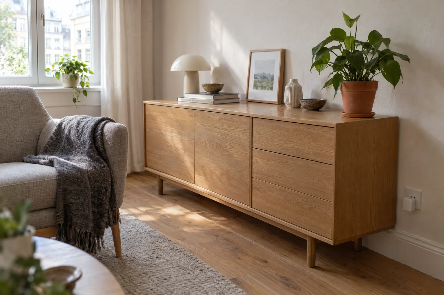 A living room with a sideboard and a plug adapter at the skirting board